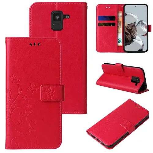 Handyhülle für Samsung Galaxy A8 2018 Klapp Case Tasche Blume Schmetterling Rot