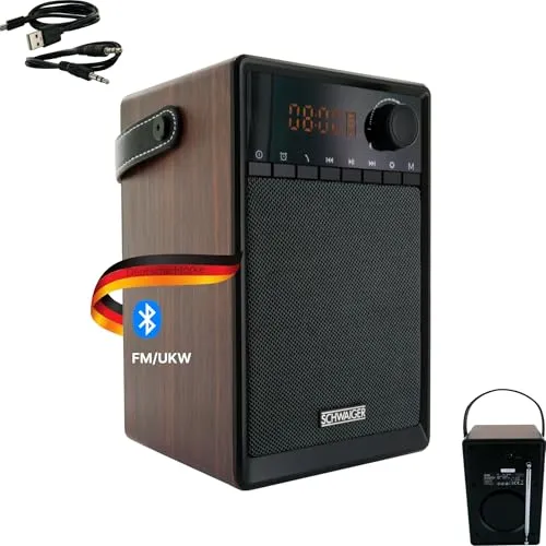 SCHWAIGER 715736 Tragbarer Radiowecker - Hifi & Audio: Stylisches Bluetooth Radio in Holzoptik mit integriertem Akku, ideal für Zuhause und unterwegs – Perfekt für analogen Empfang und vielseitige Nutzung als Wecker oder Lautsprecher.