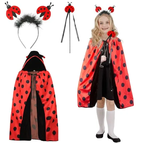 Tutukyle Marienkäfer Kostüm Kinder, 3 Stück Marienkäfer Kostüm Mädchen, Marienkäfer Umhang Kinder mit Marienkäfer Haarreif Zauberstab, Kinder Faschingskostüm Marienkäfer Cape mit Kapuze