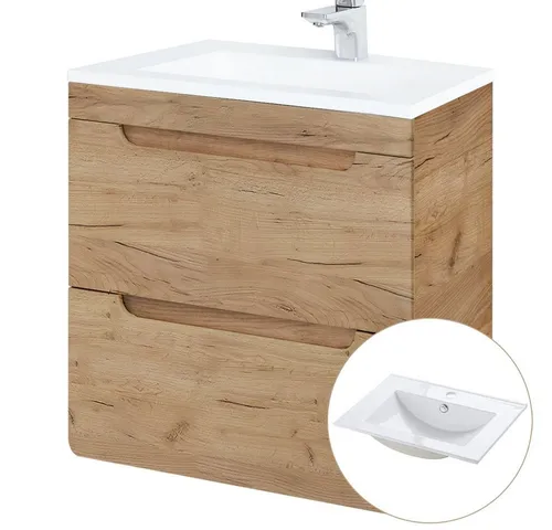 Lomadox Waschtisch LUTON-56-CRAFT, 61 cm - Waschtisch mit griffloser Front in Wotan Eiche Nb., inklusive hochwertigem Keramikbecken und Soft-Close-Schubladen für eine moderne und praktische Badezimmereinrichtung.