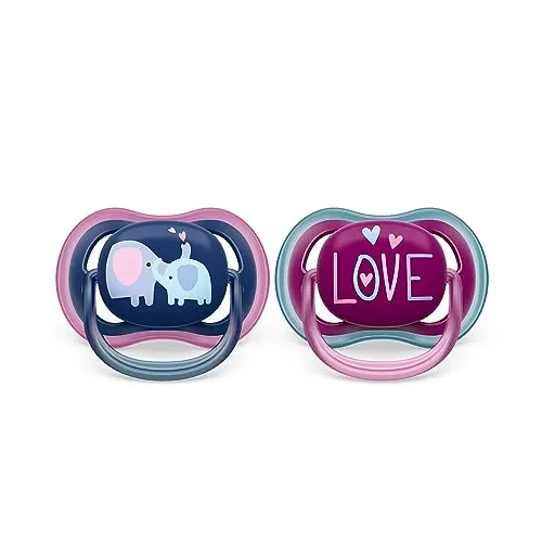 Philips AVENT ultra air Schnuller - 2er Pack, BPA-freier, atmungsaktiver Schnuller für Babys ab 18 Monaten, inklusive Transport- und Sterilisationsbox, Elefanten/Love (Modell SCF349/22)