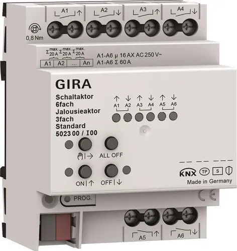 Gira Schaltaktor 502300 für Smart Home - 6-Kanal Schaltaktor für KNX-Netzwerk, max. 16 Ampere, ideal für Rollläden und Beleuchtung, mit automatischer Endlagen-Erkennung und Dämmerungsfunktion.