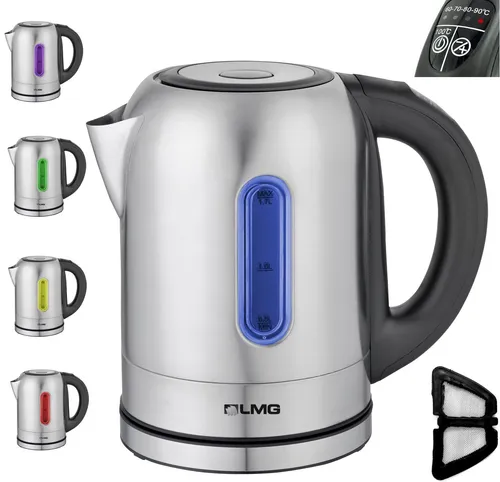 LMG Germany Wasserkocher 1,7 l - Glas Edelstahl Wasserkocher 2200W, LED Temperatureinstellung und Schnellkochfunktion für perfekten Teegenuss