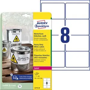 AVERY Zweckform wetterfeste Folienetiketten L4715-20 - Etiketten in weiß, 99,1 x 67,7 mm, selbstklebend, wasserfest und reißfest. Ideal für Kennzeichnungen in Lager, Produktion und im Freien. Perfekt bedruckbar für individuelle Anwendungen.