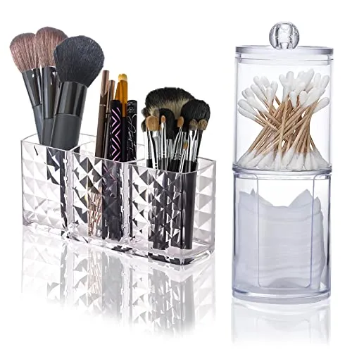 SXCCNW 3 Fächern Kosmetik Organizer, Glas Wattestäbchen Behälter, Schminke Aufbewahrung Pinselhalter Make Up Organizer & Wattestäbchen Behälter für Badezimmer Schminktisch Organizer Set