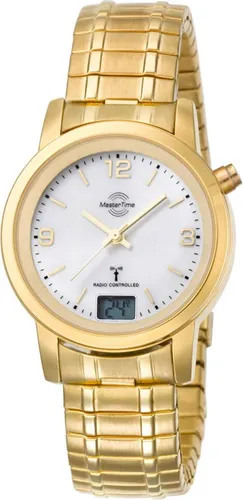 Master Time MTLA-10313-12M Funk Damenuhr - Goldfarben/Weiß, 34mm - Damenuhr mit goldfarbenem Metallgehäuse, Edelstahl-Zugband und Funkwerk für präzise Zeitmessung. Wasserdicht bis 3 ATM und mit ewigem Kalender ausgestattet.