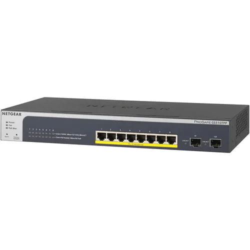 NETGEAR GS510TPP - 10-Port Gigabit PoE Switch, 190W Power-Over-Ethernet, leise und energieeffizient für flexibles Netzwerkmanagement