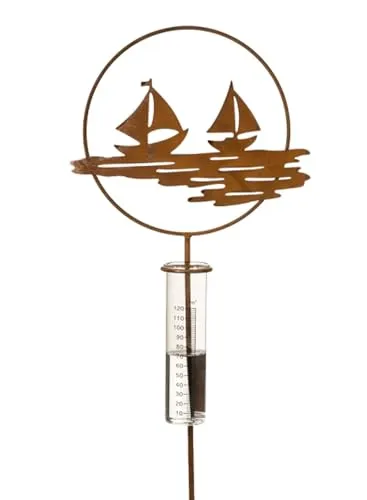 Regenmesser Gartenstecker Segelschiff im Ring H:100 cm im Rost Design - Deko Niederschlagsmesser maritim, Schiff, Küste, Maritime Gartendeko Segelboot, Metalldeko