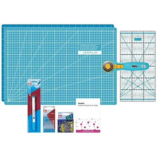SEMPLIX Patchwork Starter Set mit Schneideunterlage (A3), Rollschneider Maxi, Lineal + Nähnadeln, Stecknadeln & Trickmarker (türkis/Petrol)