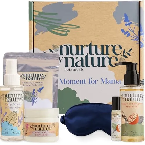 Nurture by Nature Wellness Geschenkset für Frauen – 6-teiliges Bade und Beauty Set mit Körperbutter, Duschöl, Kopfkissenspray, Badesalz & Schlafmaske – Ideal für Weihnachten, Muttertag & Geburtstage