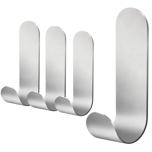 saizone 4 Stück Klebehaken Haken Selbstklebende Edelstahl Handtuchhaken ， für Küche Badezimmer Büro，Ohne Bohren Wasserfest，Silber