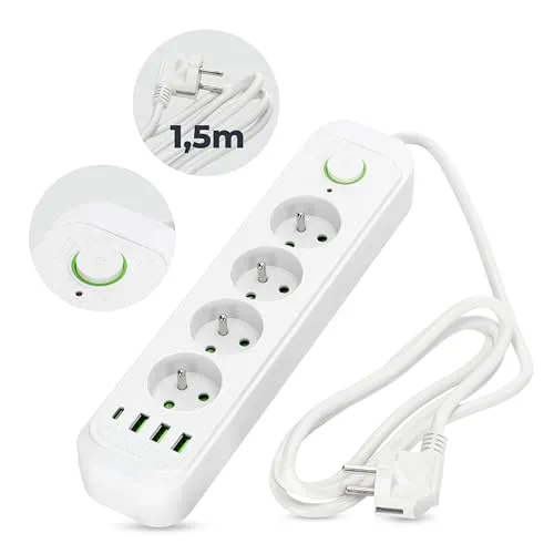 Steckdosenleiste Kobi CONNECTO Weiß 4 Steckdosen 1,5m VERLÄNGERUNGSKABEL mit 4X USB MIT EIN/AUS Schalter und Erdung (Weiß, 1,5 m)