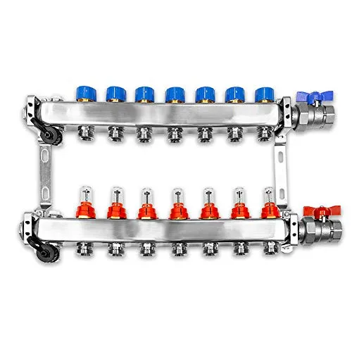 Verteiler für Fußbodenheizung, 7 Heizkreise, inkl. waagerechter Anschlussgarnitur Set
