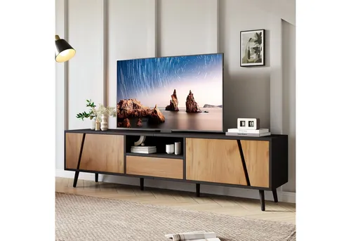 Odikalo TV-Schrank TV-Bank Lowboard Fernsehschrank Schubladen Massivholz Natur+Schwarz