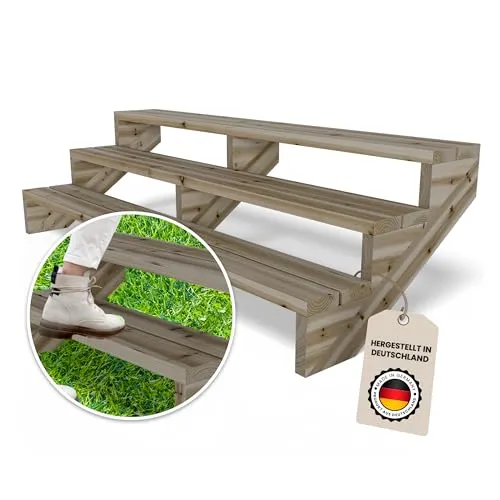 Gartenwelt Riegelsberger Terrassentreppe Breite 190 cm Treppe mit 3 Stufen Geschosshöhe 55 cm Massivholz Kiefer kesseldruckimprägniert Komplett-Set Wangen, Bohlen & Schrauben