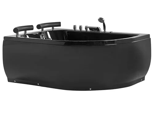Whirlwanne Eckmodell PARADISO 158 x 113 cm Schwarz - Elegante Eckbadewanne für 2 Personen mit LED Unterwasserbeleuchtung und 15 Hydromassagedüsen für ein luxuriöses Wellnesserlebnis in Ihrem Badezimmer.