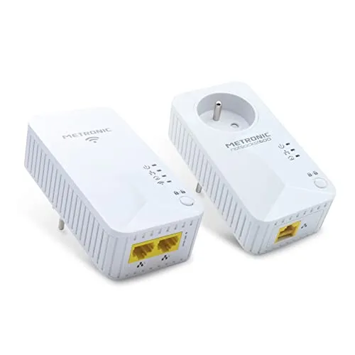 Metronic, Powerline Duo WLAN-Buchse 600 MB/s mit 2 Ports Fast Ethernet 100 MB/s (CPL WLAN) und 1 Fast Ethernet 100 MB/s (CPL) und Ausziehbuchse - 495469