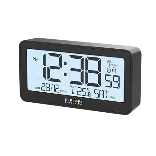 EXPLORE SCIENTIFIC Funk-Uhr RDC1000CM3000 mit großem Display - Radios mit exakter Zeitanzeige und automatischem Zeitwechsel, großes Display mit blauer Hintergrundbeleuchtung und zwei unabhängigen Weckzeiten für individuellen Komfort.