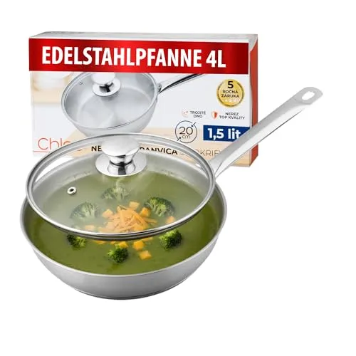 MAGIC HOME Edelstahlpfanne 28 cm | Pfanne INDUKTION | Edelstahl Große Bratpfanne 4L | Hoher Rand | 28cm Induktionspfanne für Alle Herdarten, Induktionsherd | Tief | Chef´s Pan | Chloe