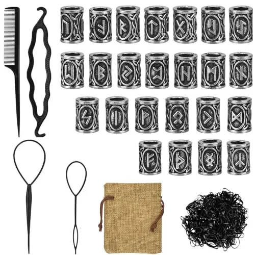 DECARETA 24 Stück Bartperle Wikinger Rune Bart Perlen 10*13mm Nordische Haarperlen Bartschmuck Flechten Runenperlen mit Clip und 400 Schwarze Gummibänder mit Beutel für Armband Halskette DIY Anhänger