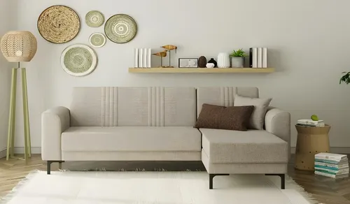 Stoffsofa Ecksofa L-Form Beige mit Bettfunktion - Modernes Ecksofa in Beige mit Bettfunktion, ideal für Ihr Wohnzimmer. Kompakt und vielseitig, bietet es Platz für bis zu 3 Personen und überzeugt durch stilvollen Komfort.