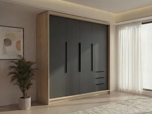 Viertüriger Kleiderschrank KLARI mit Schubladen und Metallgriffen – Modern und geräumig - Geräumiger viertüriger Kleiderschrank mit durchdachter Innenaufteilung. Schubladen und Kleiderstange sorgen für Ordnung. Wählen Sie aus vielen Farben für Ihr individuelles Design!