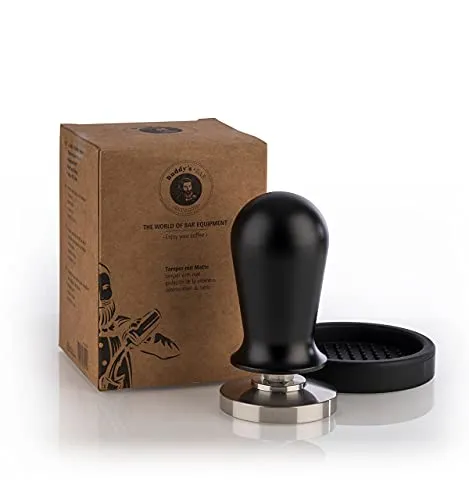 Buddy's Bar Kaffee Tamper mit Matte Ø 51mm H:10cm - Kaffeezubehör & Espressozubehör mit druckregulierendem Federmechanismus für optimale Anpressstabilität und Silikonmatte für hygienische Ablage und Schutz vor Kratzern.