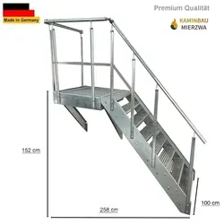 Podesttreppe Wangen-Stahltreppe 8 Stufen 152cm mit Podest 100x100cm - Robuste Stahltreppe mit 8 Stufen und 100x100cm Podest, ideal für den Außenbereich. Wetterfest und korrosionsgeschützt dank Feuerverzinkung. Einfache Montage und vielseitig einsetzbar für Terrasse, Balkon und Garten.