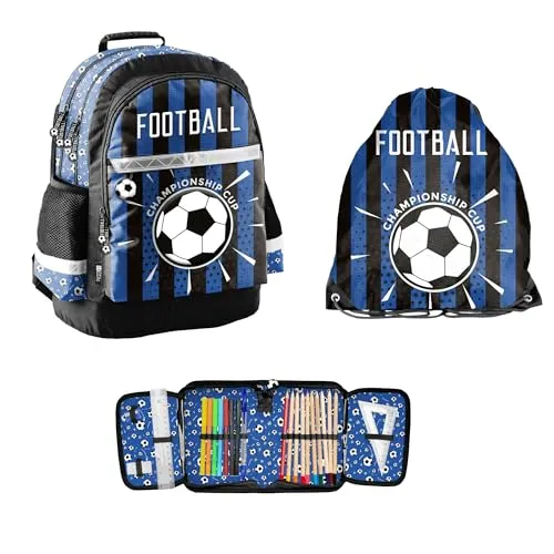 PASO 3-teiliges Schulset: Rucksack mit 3D Prägemotiv + Turnbeutel + befüllte Federmappe - Football - blau