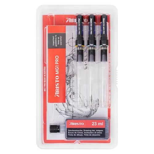 ARISTO mg1 pro Basic Tuschefüller-Set schwarz - Fineliner 4-teiliges Set mit 3 Tuschefüllern (0,35/0,5/0,7 mm) für präzise Linien und kreatives Zeichnen, ideal für Künstler und Designer.