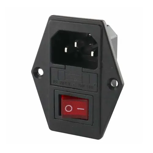 Kaltgeräte-Einbaustecker mit Sicherungshalter und rotem Kontroll-Wippenschalter