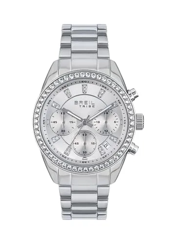 Breil, Kollektion Azure Chronograph für Damen, Damenuhr mit Armband aus Stahl, wasserdicht, Quarzwerk, Gehäuse 36 mm, Verschluss mit Knöpfen, silber / schwarz, Modern