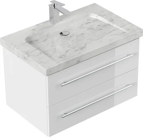 Badmöbel Marmor Carrara White YAMO 75 cm mit SoftClose - Badezimmermöbel mit edlem Marmorwaschbecken, hochglänzendem Unterschrank und SoftClose-System für sanfte Schließmechanik – perfekte Kombination aus Eleganz und Funktionalität.