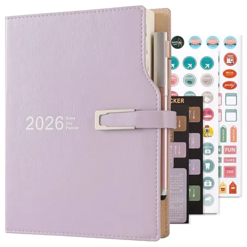 Akademischer Terminplaner 2026, A5, ein Tag pro Seite, Terminplaner, Organizer mit Kalenderaufklebern, Agenda, Planer mit Stifthalter und Stift, hochwertiges, dickeres Papier, 14 x 21,5 cm, Violett