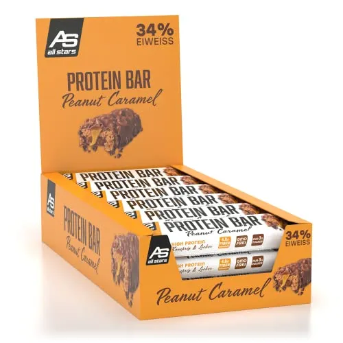 ALL STARS Protein Bar 18 x 50g Peanut Caramel - Leckere Riegel mit 17g Eiweiß, Low-Sugar & mit knackigen Erdnussstückchen, Der perfekte Trainingssnack