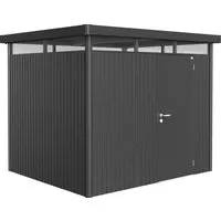 Biohort Gerätehaus HighLine H3, Dunkelgrau, 275x222x235 cm - Gartenhäuser: Hochwertiges Metallgerätehaus mit umfangreicher Grundausstattung, inklusive Regal- und Werkzeughaltern sowie belüfteten Ventilationskiemen für optimale Lagerung.