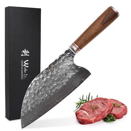 Wakoli Nussbaum Damast Kochmesser 20,5 cm - Küchenmesser aus hochwertigem Damaststahl mit elegantem Nussbaumholzgriff, ideal für präzises Schneiden von Fleisch, Gemüse und Fisch.