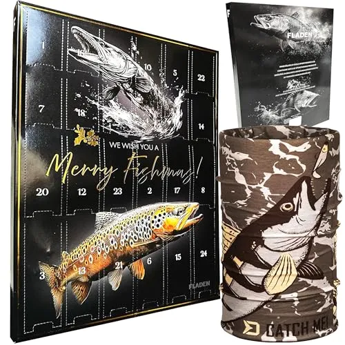 FLADEN Fishing Premium Raubfisch Angler Adventskalender - Adventskalender für Angler mit 24 Überraschungen im Wert von ca. 100 €, inklusive hochwertigem Tackle für Raubfischangeln und einem Multifunktions Tuch im Raubfisch Design.