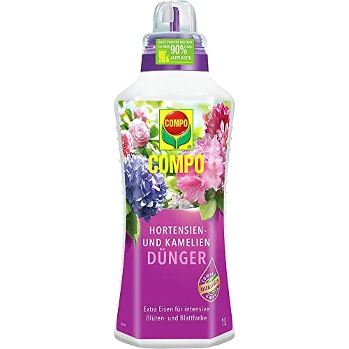 COMPO Hortensien- und Kameliendünger 1 l - Spezial-Flüssigdünger für Moorbeetpflanzen mit extra Eisen für intensive Blüten- und Blattfarbe, ideal für Garten und Balkon. Fördert gesundes Wachstum und Wurzelentwicklung.