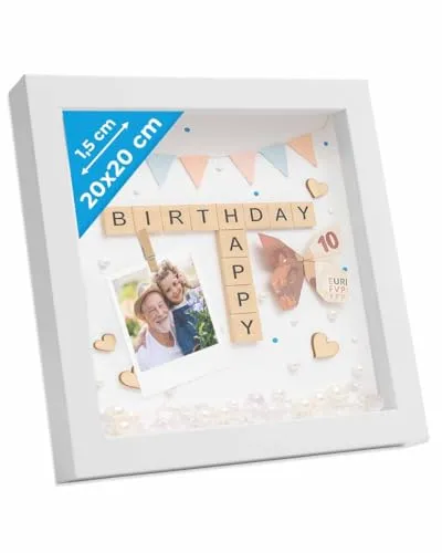 PHOTOLINI 3D Bilderrahmen zum Befüllen 20x20 Weiß, 1,5 cm tiefer Objektrahmen mit Glas, tiefer Bilderrahmen 20x20 Holz MDF mit Passepartout, Dicker 3D Rahmen befüllbar für Gegenstände Geschenk