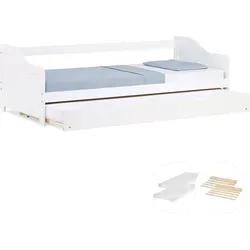 Homestyle4u Tagesbett Ausziehbett 90x200 cm Weiß - Praktisches Ausziehbett aus massivem Kiefernholz, ideal für Kinder- und Jugendzimmer. Mit zwei Rollmatratzen und stabilen Lattenrosten, perfekt für kleine Räume und Gäste.