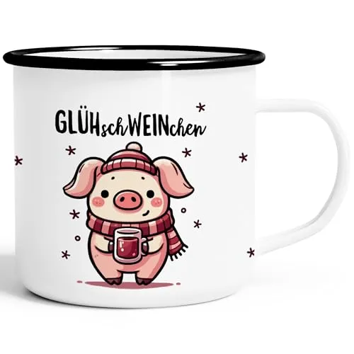 MoonWorks® Emaille-Tasse Glühwein Motiv Glüh-Schweinchen Wortspiel Emaillebecher lustig kleines Geschenk Weihnachten Emaille-weiss-schwarz standard