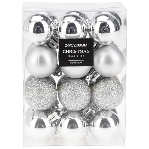 Mini Baumkugeln Ø 3 cm zum Hängen - Bruchsicher aus Kunststoff - Baumschmuck Plastik für Innen und Außen - Kleine Christbaumkugeln (Silber (matt + Glanz + Glitzer)) 24 x
