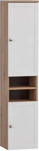 Schildmeyer Badschrank Jesper 155983, hängend in Weiß/Eiche - Badezimmerschrank mit 7 Fächern, 2 höhenverstellbaren Einlegeböden und feuchtigkeitsbeständigem MDF, ideal für die Aufbewahrung von Handtüchern und Kosmetik. Made in Germany.
