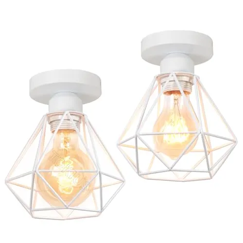 TOKIUS Deckenlampe, 16CM Vintage Deckenleuchte im Industrial Design Retro E27 Lampe aus Eisen Käfig Pendelleuchte Weiß (2 Stücke)
