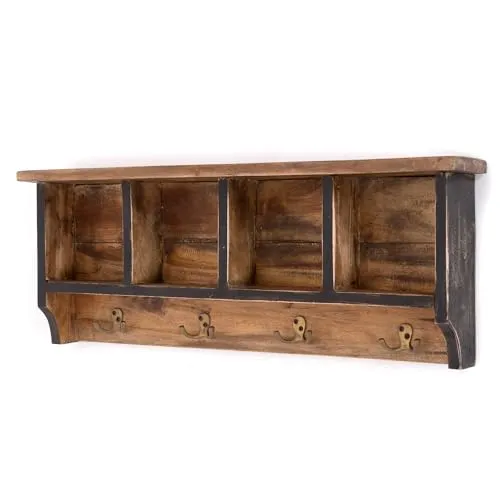DESIGN DELIGHTS RUSTIKALE WANDGARDEROBE MIT Regal Vintage 70 - Garderobenständer aus Recyclingholz, handgefertigt mit 8 Haken und 4 Fächern, ideal für Flur und Küche. Jedes Stück ist ein Unikat mit einzigartigem Shabby-Chic-Charakter.
