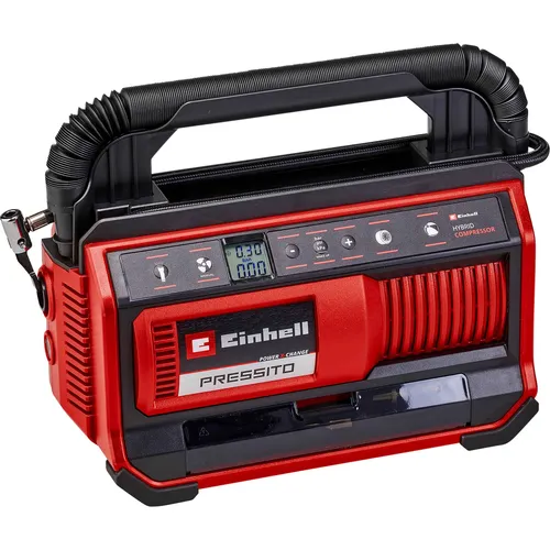 Einhell Hybrid-Kompressor PRESSITO 18 25 - 18 V, Hybridbetrieb mit Stromkabel oder Akku, max. 11 bar, inkl. 4-tlg. Adapter-Set und praktischem Notfalllicht