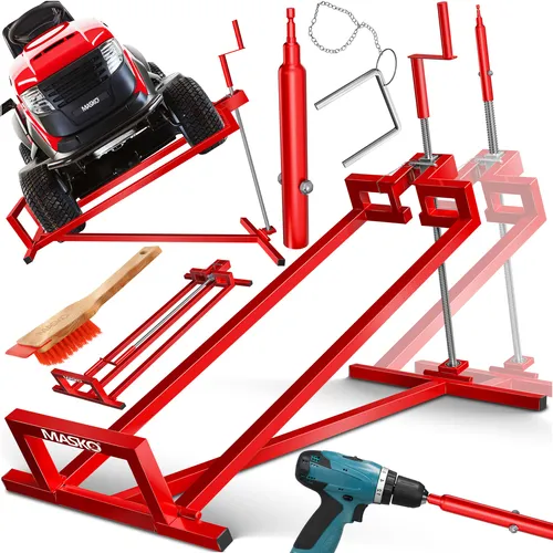 MASKO® XXL Rasentraktorheber 450 kg – Robuste Hebevorrichtung für Aufsitzmäher - Stabile Hebevorrichtung für Aufsitzmäher mit bis zu 450 kg Tragfähigkeit. Stufenlos verstellbarer Neigungswinkel bis 45° für ergonomisches Arbeiten. Ideal für Wartungs- und Reparaturarbeiten. Praktischer Adapter für Elektroschrauber im Lieferumfang enthalten.