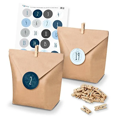 DIY itenga AdventskalenderSet zum Selberbefüllen Geschenktüten + Klammern + Sticker (Adventskalenderzahlen) (Motiv Z12 Blautöne Schlicht)