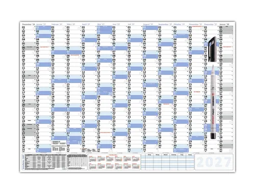 Wandkalender DIN B1 2027 nass abwischbar 100x70cm Kalender gerollt + Folienstift